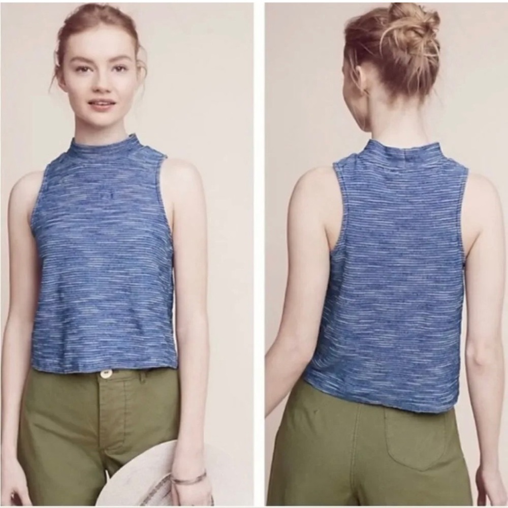 Anthropologie Blue Striped Mock-Neck Sleeveless Crop Top